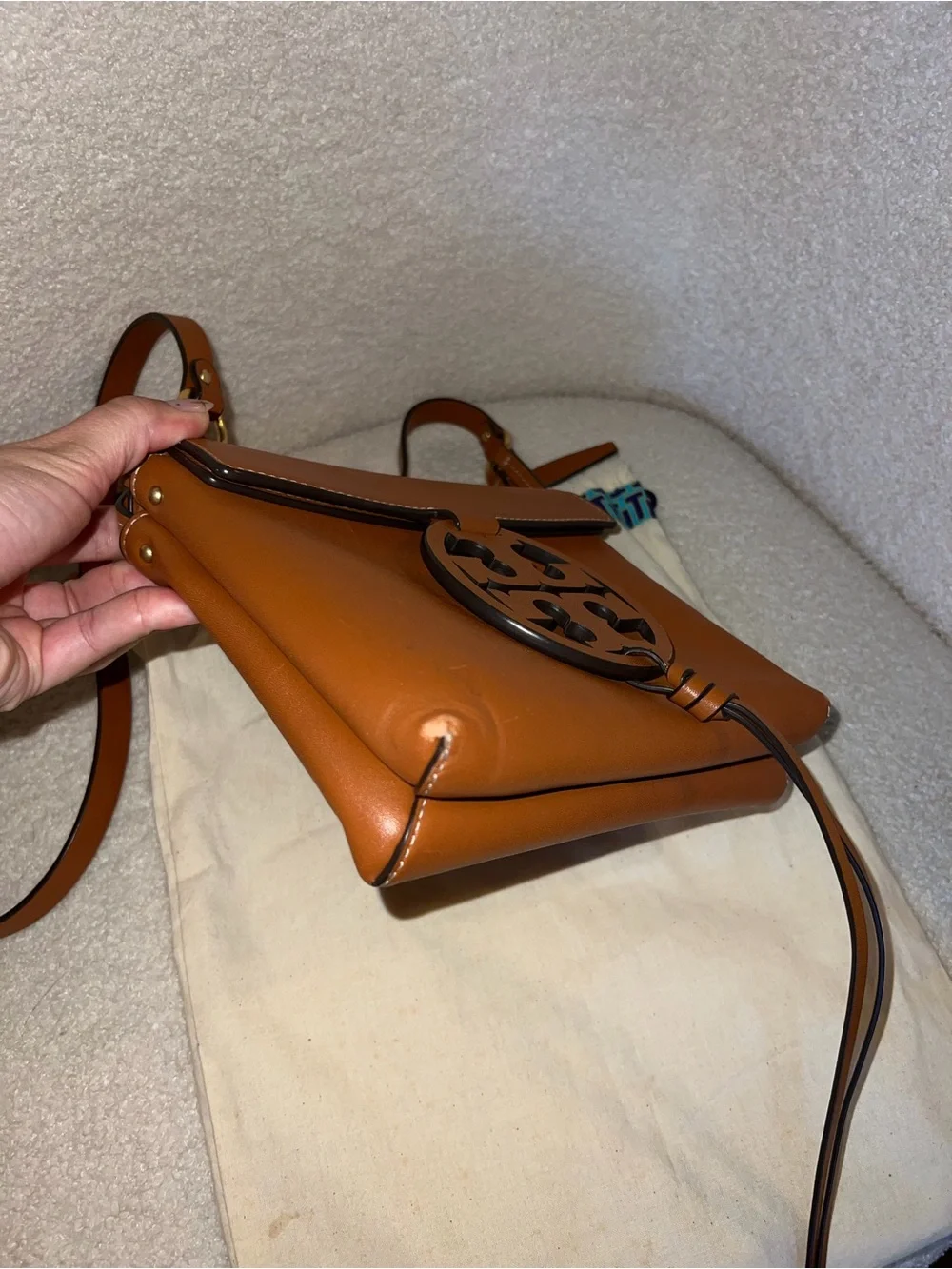Tory Burch Tan Leather Logo Convertible Crossbody Bag